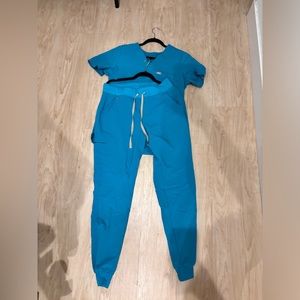 Blue turquoise figs set , top M , joggers M Tall , top has ink stains